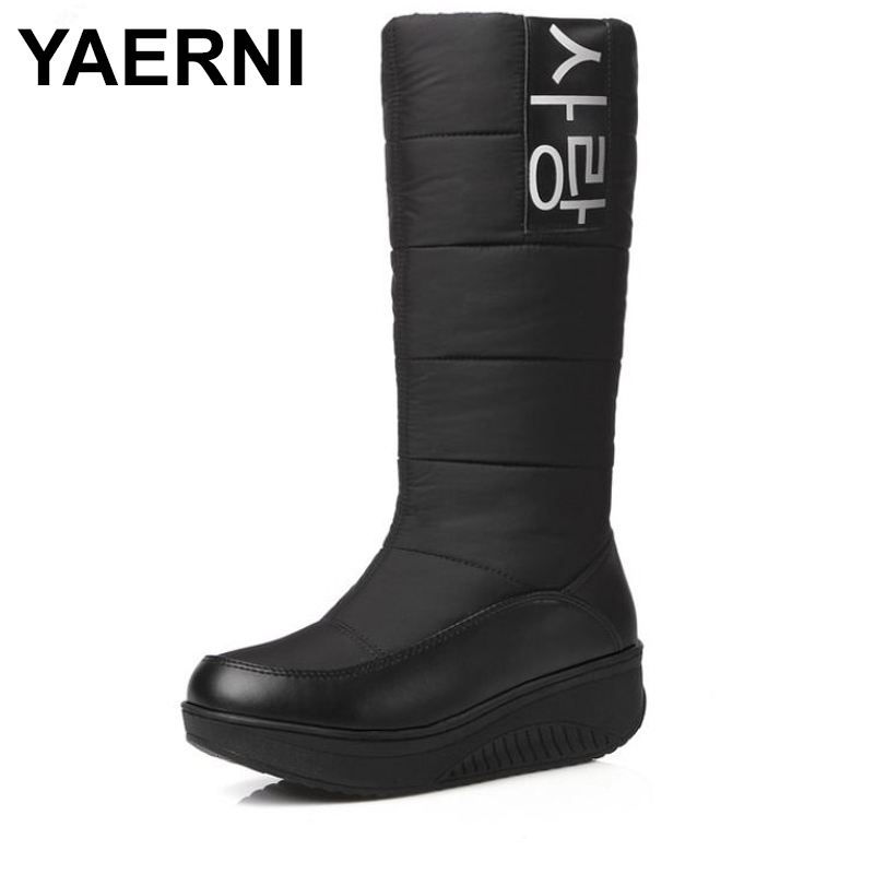 YAERNI Women Winter Snow Boots Thick Fur Inside Platform Shoes Woman Wedges Heel Mid Calf Botas Female Footwear E675, Black