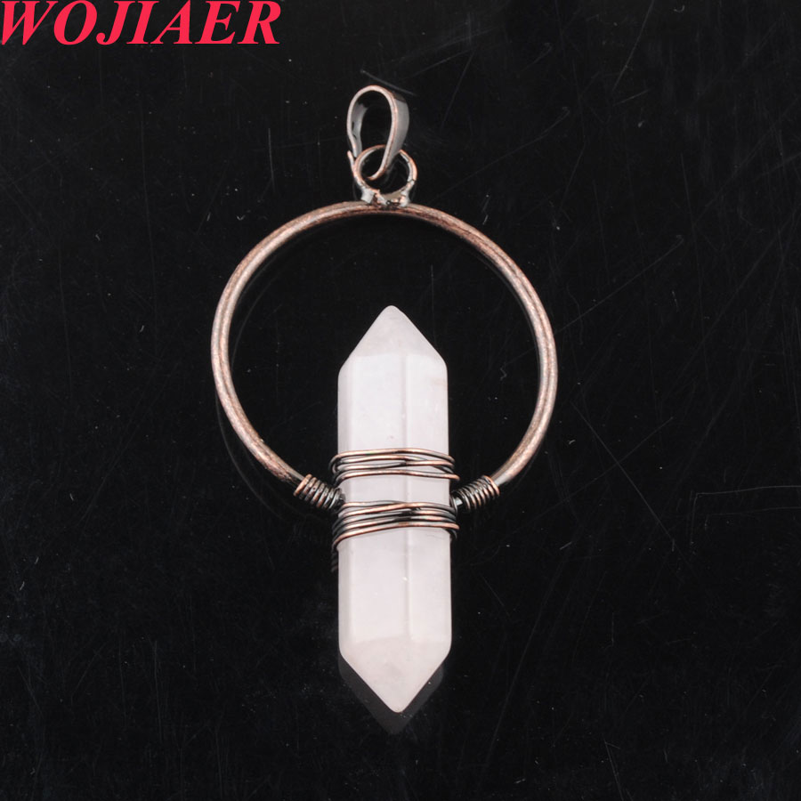 WOJIAER Vintage Natural Stone Pendant Crystal Healing Pointed Hexagon Pillar Circle Wire Wrap Dangle Women DBO908
