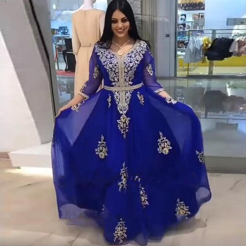 Royal Blue Moroccan Kaftan Prom Dresses 2021 Half Sleeves Appliques Gold Lace Dubai Arabic Muslim Special Occasion Gown Formal Evening Dress