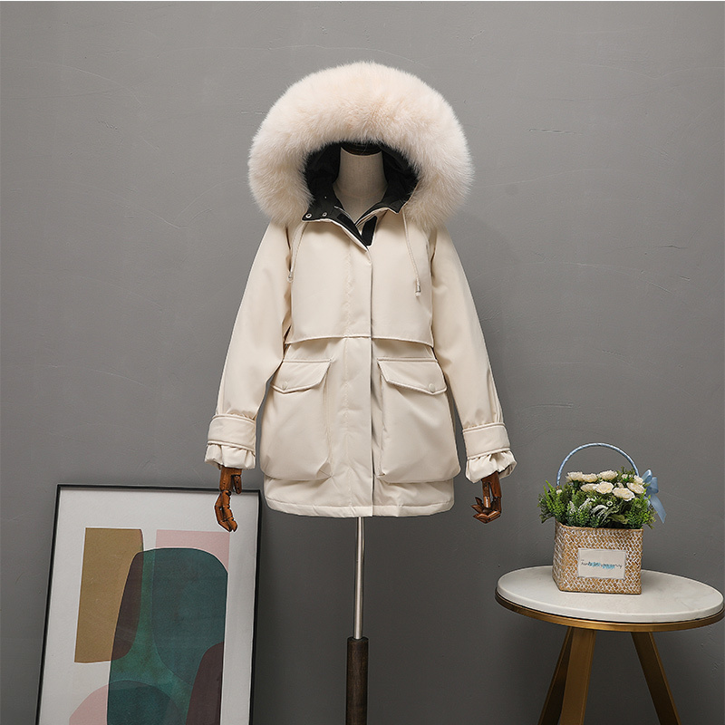 Fitaylor Winter Women Large Fur Collar Down Coat Thickness Warm Hooded 90% White Duck Down Parkas Sash Tie Up Outwear LJ201127