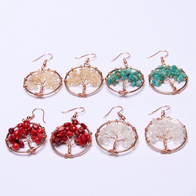 Hand-woven Tree of life Dangle Earrings Copper Wire Wrapped Natural Stone Round Wish-tree Rose Gold Charm Women Earring Reiki Healing Crystal DIY Jewe