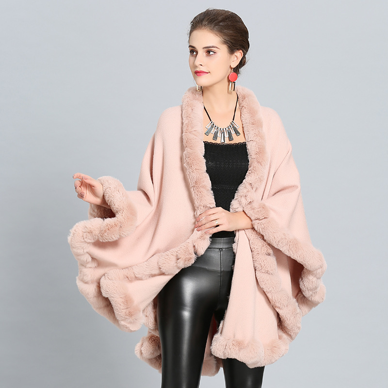 Fashion Handcraft Full Trim Faux Rex Rabbit Fur Cape Coat Loose Knit Cashmere Cloak Shawl Women Fall Winter New Pallium Outwear 201026