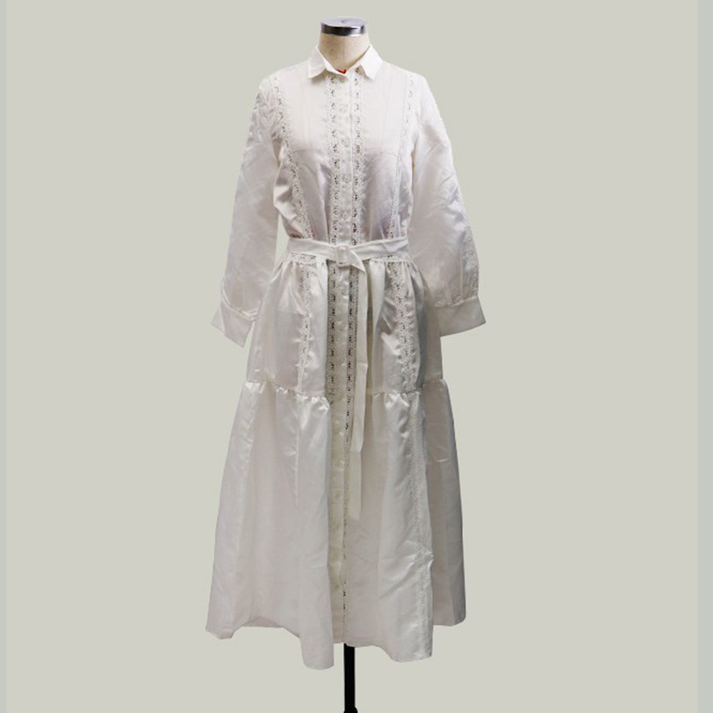 Siskakia Fashion White Shirt Dress Satin Lapel Button Lantern Long Sleeve Pleated Ruffle Hem Midi Dress Elegant Lace Patchwork Y0118