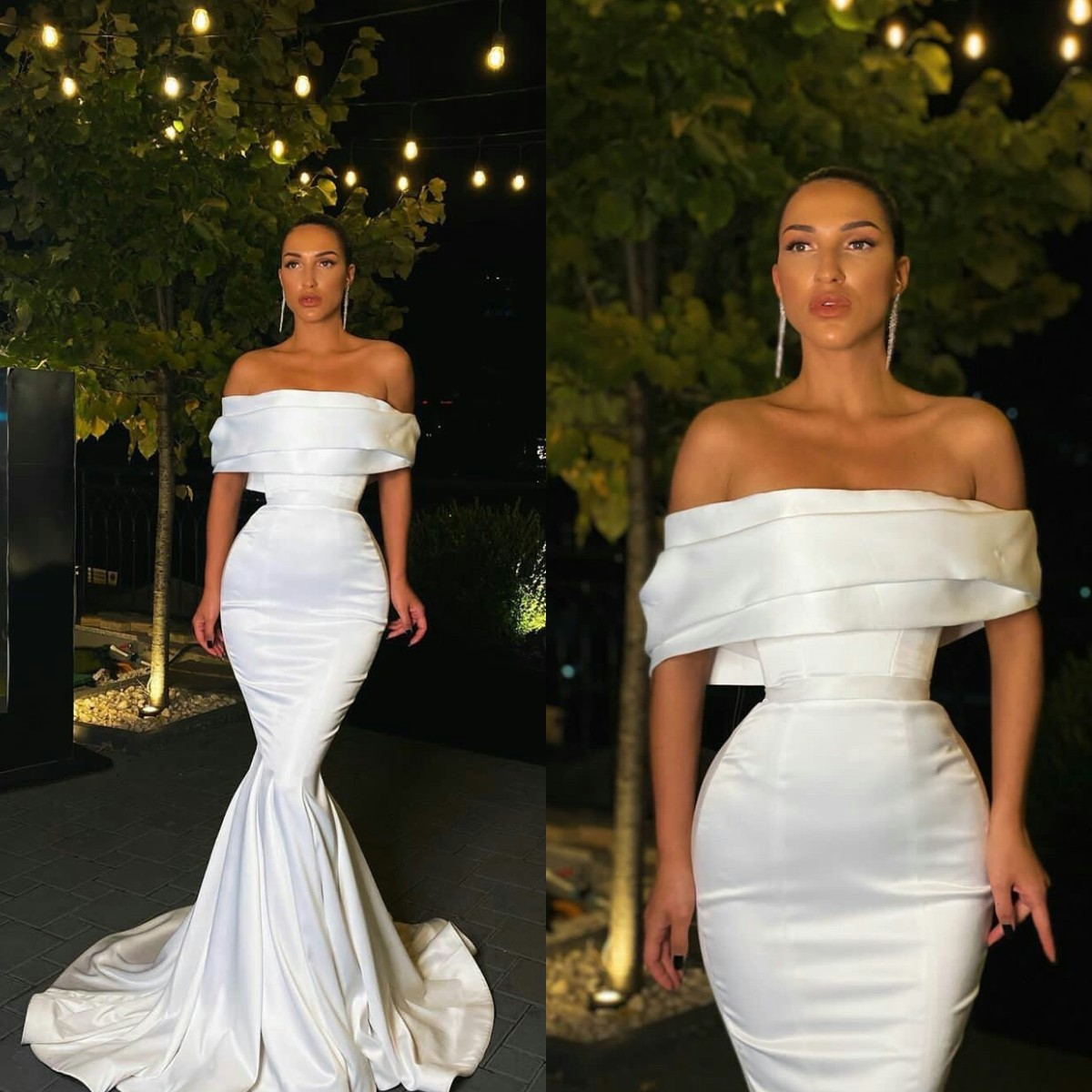 Simple Mermaid Wedding Dresses Satin Silk Off Shoulder Fish Tail Bridal Gowns Slim Fit Short Sleeve Wedding Dress robes de mariée