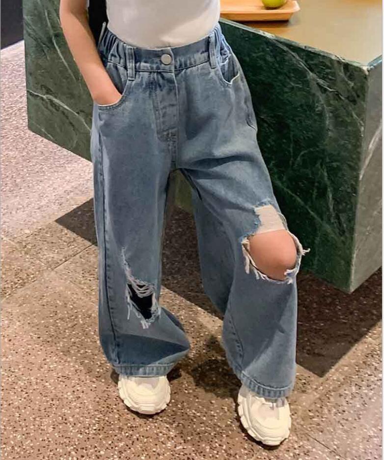 Jeans Girls Denim Wide-leg Pants 2021 Spring Autumn Loose Girl Bell Bottom Broken Hole Kids