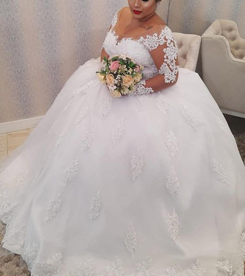 Princess New Lace Wedding Dresses Plus Size Illusion Long Sleeve Pearls Beading Appliques White Bridal Gowns vestido de noiva
