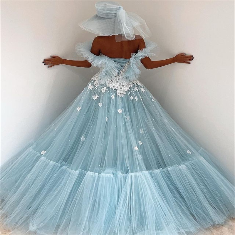 princess a line evening dresses ruffles tulle appliqued lace prom dress light sky blue custom made robe de soire party wear