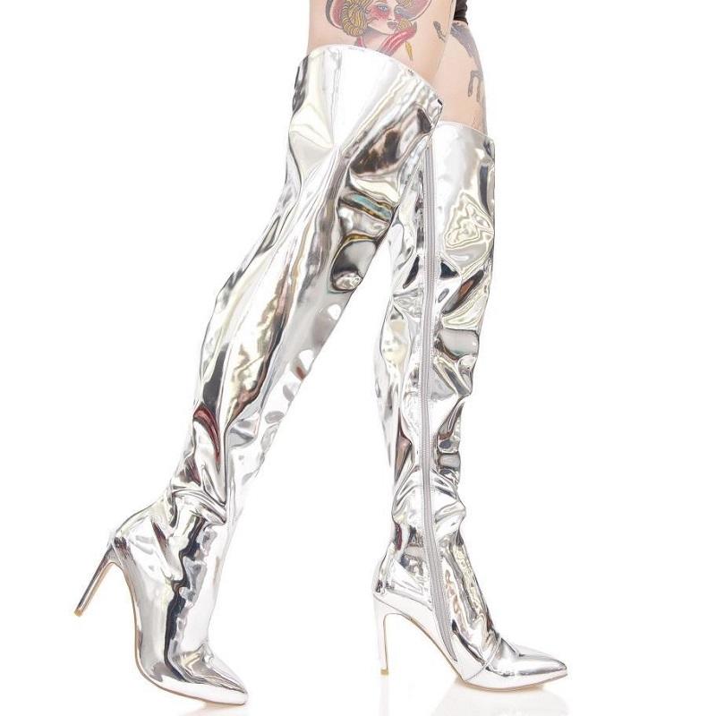Women Thigh High Boots Autumn Winter Patent Leather High Heels Ladies Shoes Black Pointed Toe Stiletto Over The Knee Long Boots
