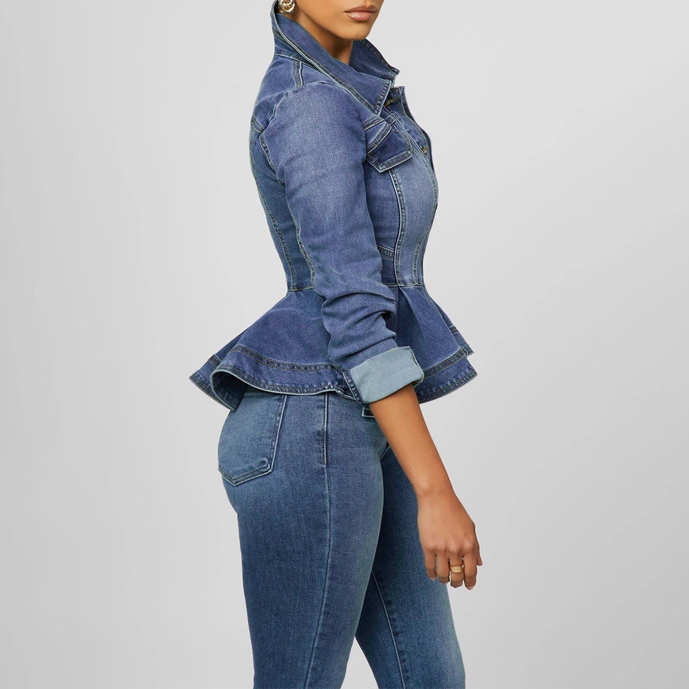 Women Denim Jacket Ruffle Hem Slim Fit Women Short Jeans Jackets Coat Vintage Turn Down Collar Denim Coat Outerwear Femme D30 201126