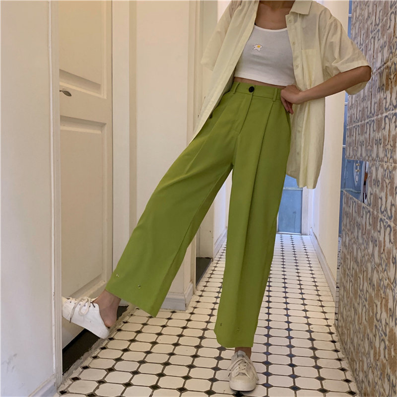 JuneLove spring Brief Slender Hot Casual High Waist Summer Women Loose Simple Solid Ankle Length Wide Leg Pants 3 Colors Bottoms 201109