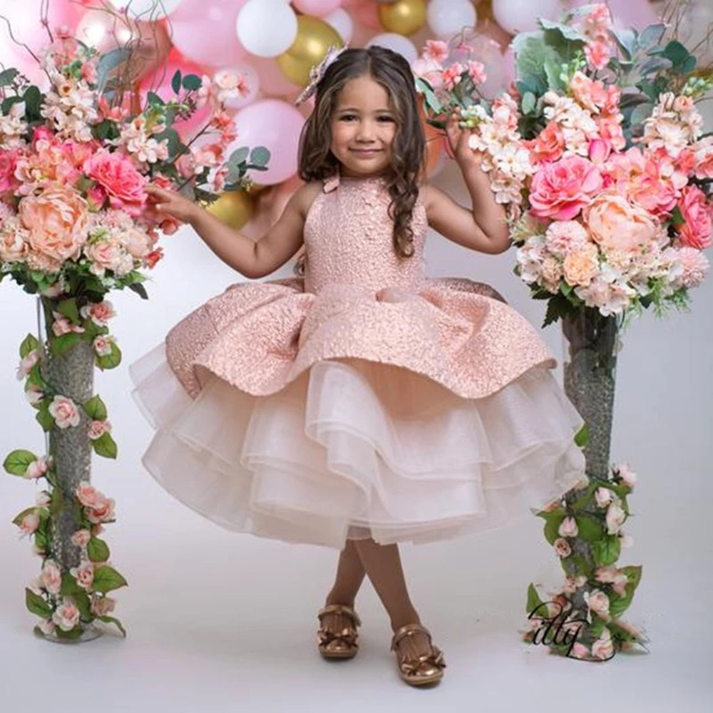Lovely Pink Flower Girl Dress For Weddings With 3D Floral Appliques Baby Birthday Tutu Gowns Pageant Gowns