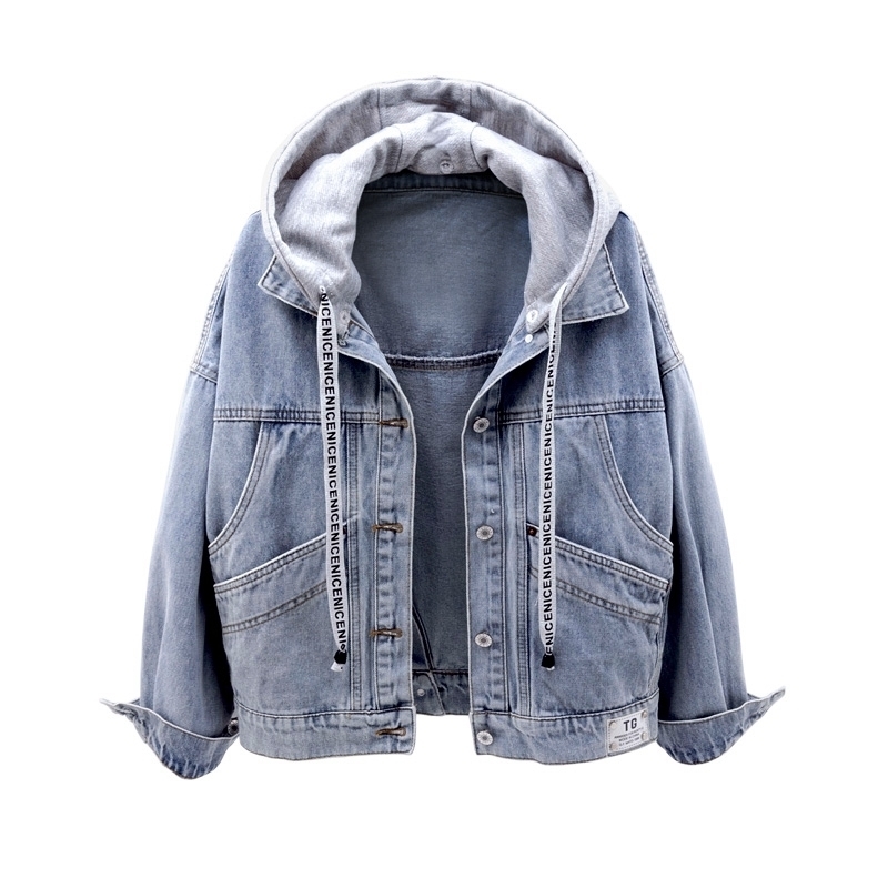 Spring Autumn Women Hooded Denim Jacket Female Stylish Hoodie Single Breasted Pocket Streetwear Vintage Plus Size Jeans Coat 201017