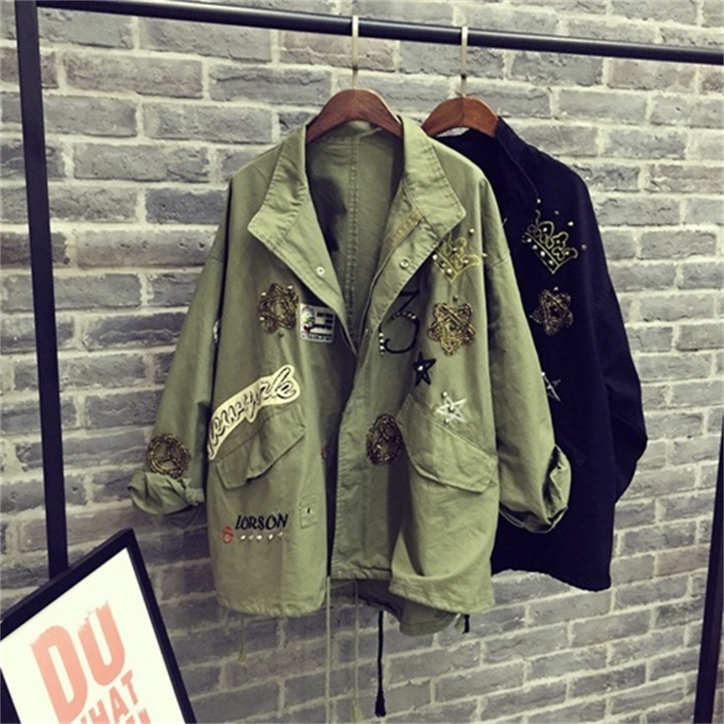 Casual Bomber Jacket Embroidery Applique Rivets Oversize Women Army Green Cotton Coat Y201006