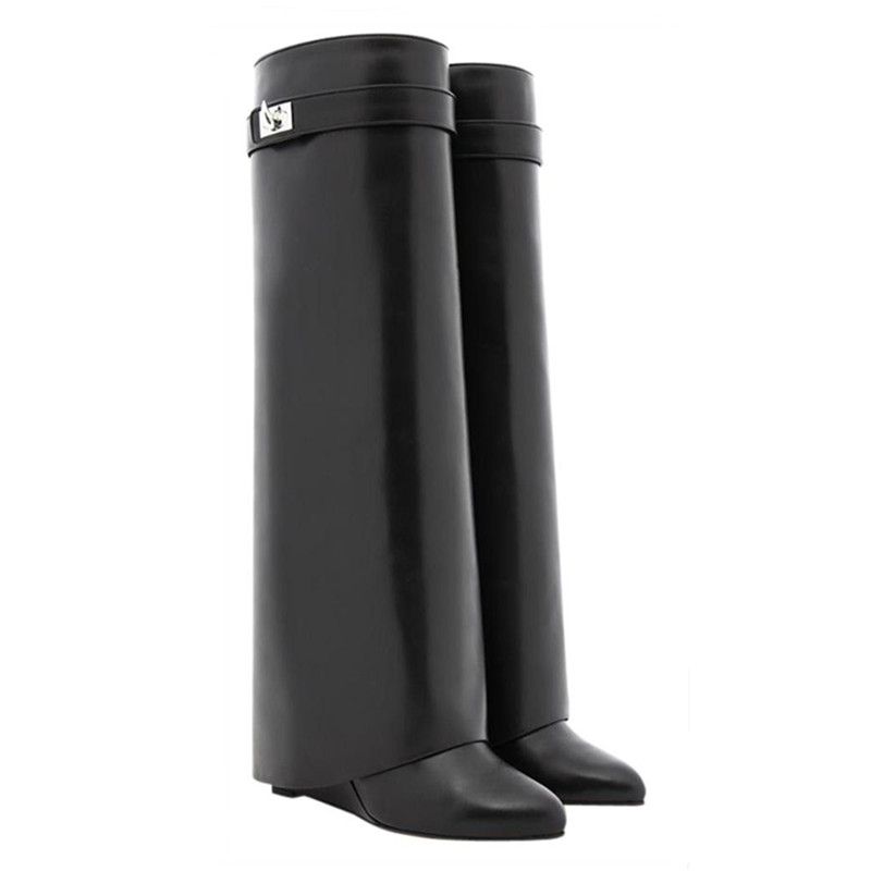 Luxury shark lock boots Knee in leather dupe silver and gold finish asymmetrical metal high low Boot Women Suede clad wedge almond shaped toe heel height 9cm size, Red
Luxury shark lock boots Knee in leather dupe silver and gold finish asymmetrical metal high low Boot Women Suede clad wedge almond shaped toe heel height 9cm size, Red