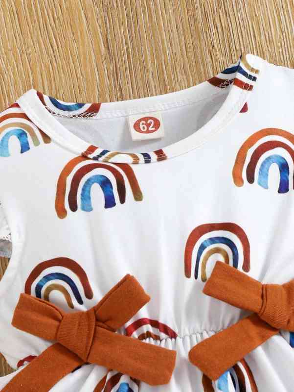 Baby Rainbow Print Ruffle Sleeve Bow Front Combo Bodysuit Dress SHE