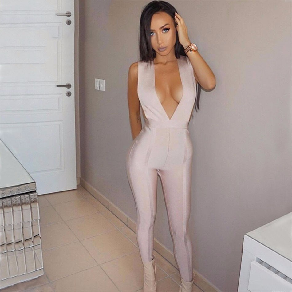 Wholesale 2016 New Winter Women Runway Bandage Jumpsuit Black Apricot VNeck Sleeveless Hollow Out Full Length Party Bodysuit T200509