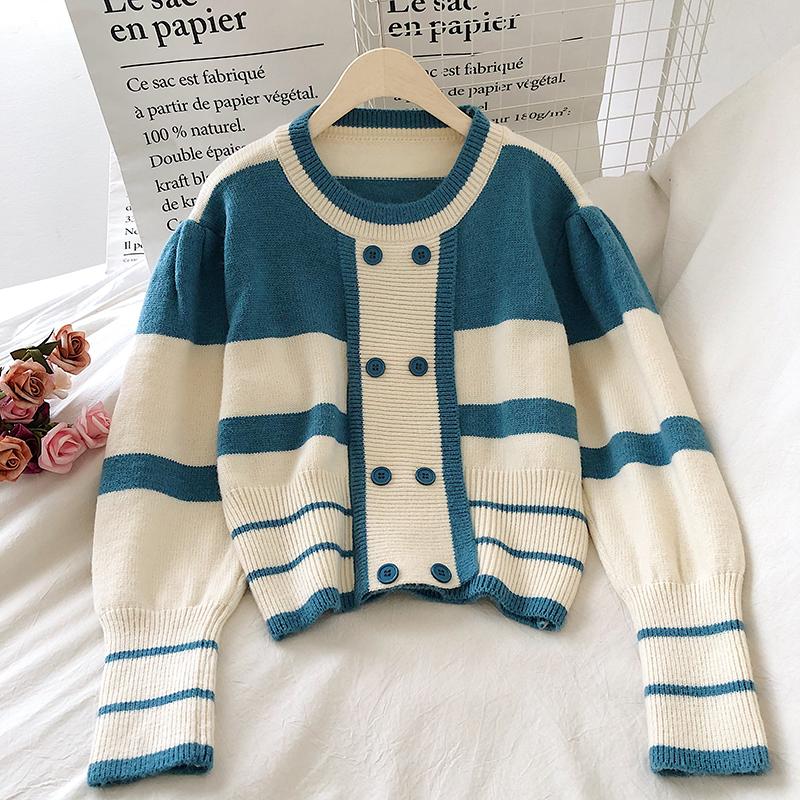 Autumn Winter Hit Color Patchwork O Neck Double Breasted Sweaters Korean Puff Sleeve Sweet Sueter Mujer Vintage Striped Jumper, Black
Autumn Winter Hit Color Patchwork O Neck Double Breasted Sweaters Korean Puff Sleeve Sweet Sueter Mujer Vintage Striped Jumper, Black