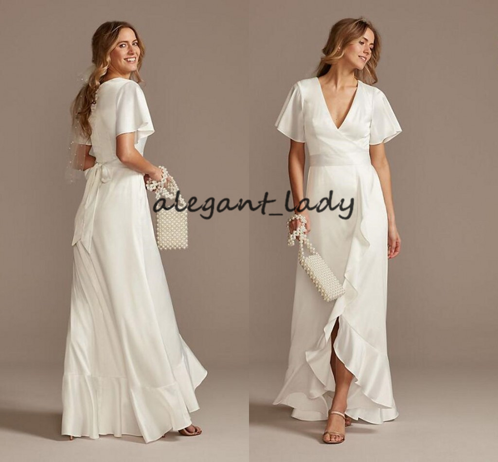 simple design bohemian wedding dresses with flutter sleeve 2021 vneck stretch satin dress with ruffle hem country bride gown