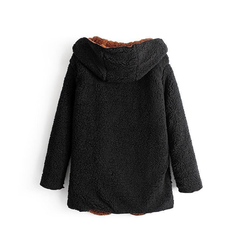 New women faux wool liner jacket fashion spring autumn meidum long coats female hooded Two-sided wear warm outerwear 201102