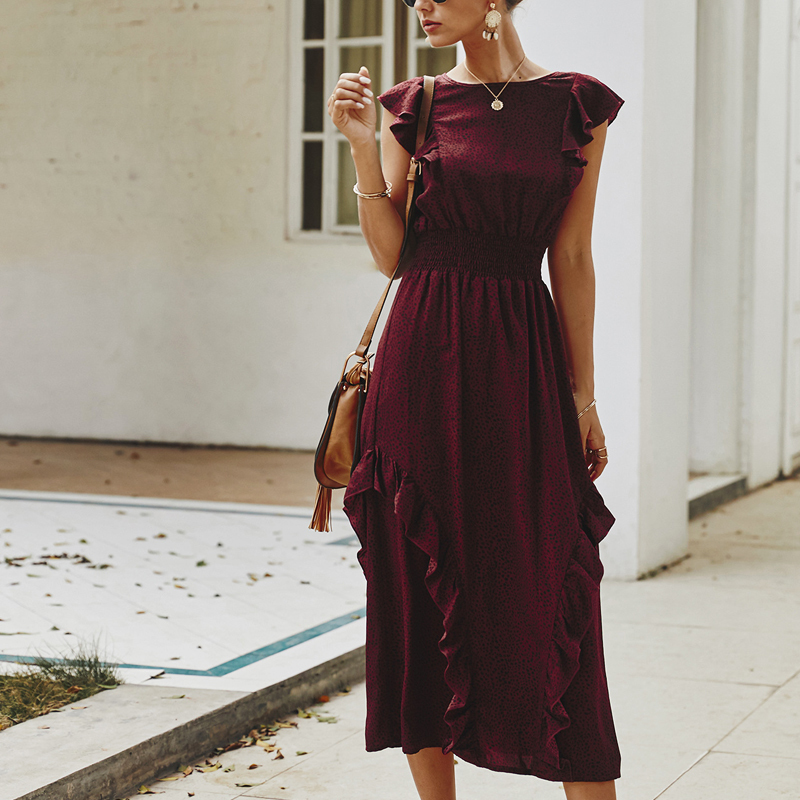 Summer Elegant Sexy Wave point beach Ruffles midi Dress Women Fashion Print dot Ladies boho Vacation dress women vestidos T200604