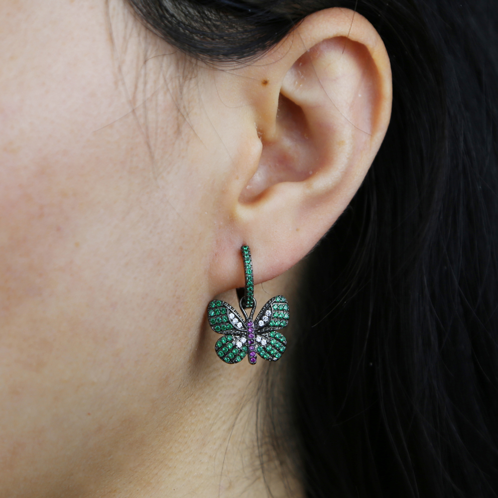 2021 New design Chic Personality Cute Green Cz Butterfly Hip Hop Vintage Animal Hoop Earring For Women Girl charm Trendy Jewelry
