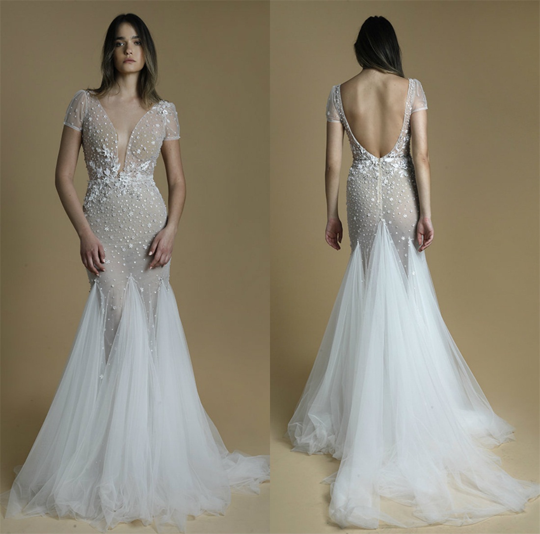 Liz Martinez 2021 Mermaid Wedding Dresses Beaded Lace Appliqued V Neck Short Sleeve Bridal Gowns Sweep Train Wedding Dress