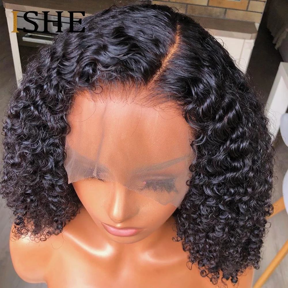 Side part part 13x4 Lace frontal Wigs brazilain Wigs For Black Women 180% Afro Kinky Curly BOB synthetic Wig Black Knots fast shipping