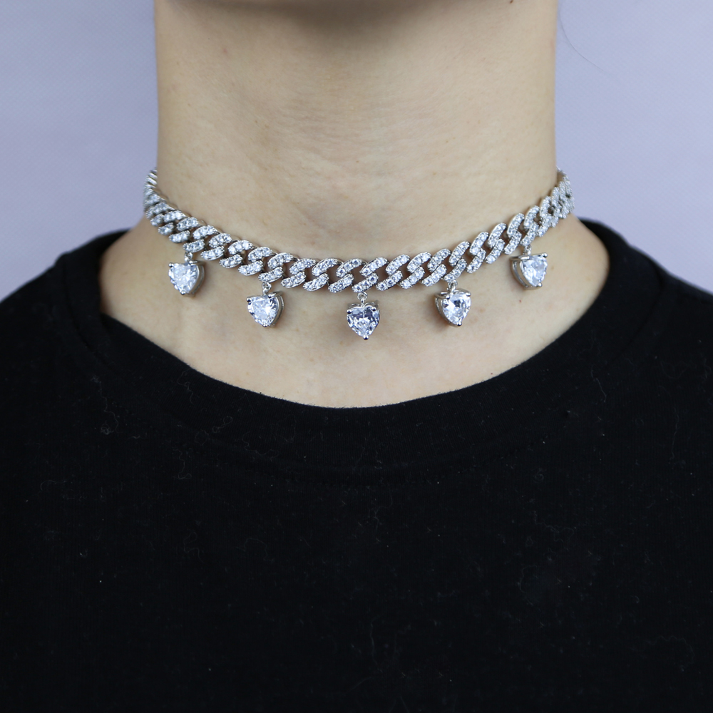 Fashion New Arrived Girlfriend Lover Gift Jewelry Pink White Heart Cubic Zirconia CZ Charm Cuban Chain Choker Necklace Pink Jewelry