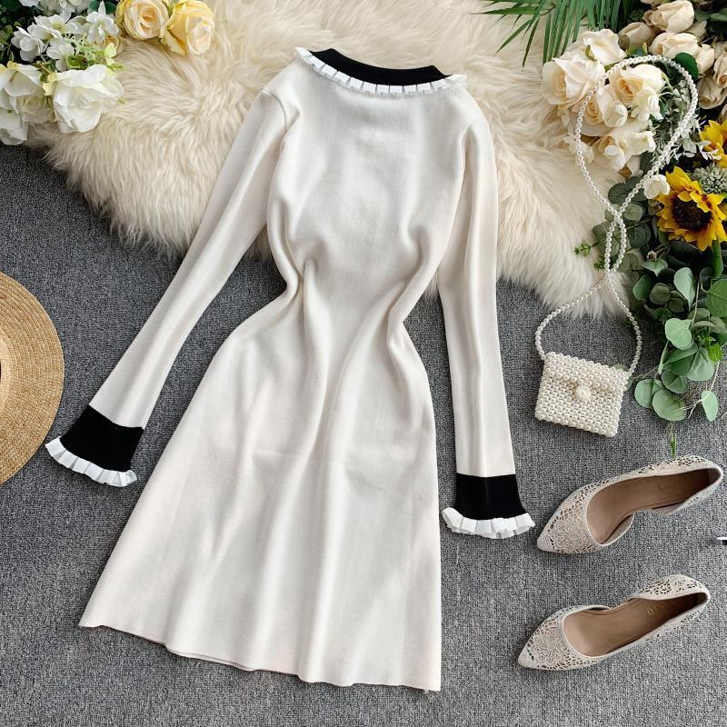 Young Gee Women Elegant Sweater Dress NEW Female Autumn Winter White Black Long Sleeve Ruffles Stretch Knitted Sweaters Dresses 201110