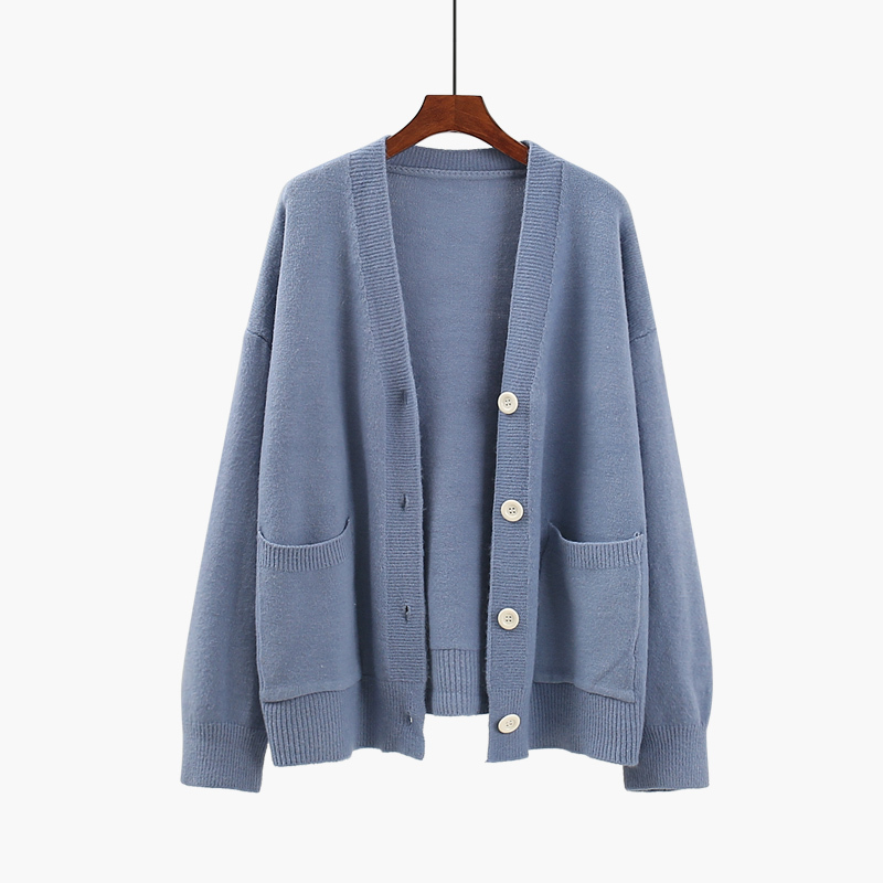 Mid-length V-neck pocket sweater cardigan female new loose student lazy wind sweater coat 201111wtt