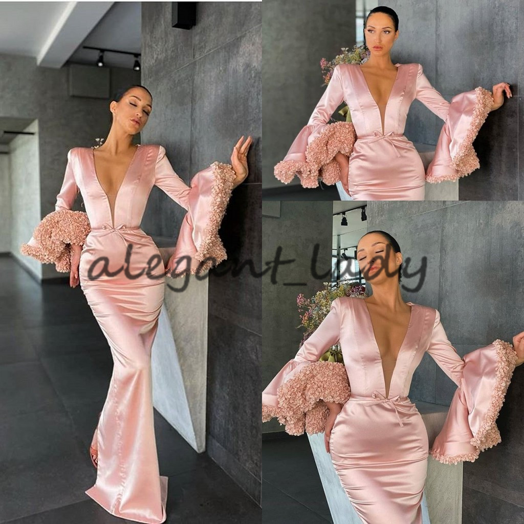 Pearl Pink Mermaid Evening Dresses 2021 Sexy V-neck Floral Long Sleeve Arabic Dubai Prom Gown vestidos formales