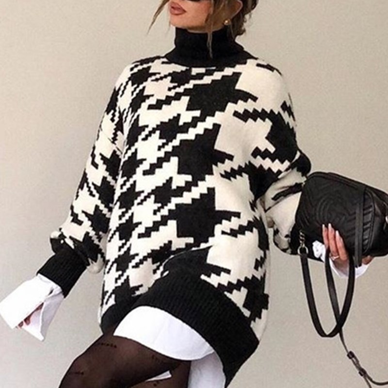 Knitted Women Sweater Pullovers Autumn Winter Geometric Houndstooth Knitted Sweater Ladies Oversize Retro Sweater 201222