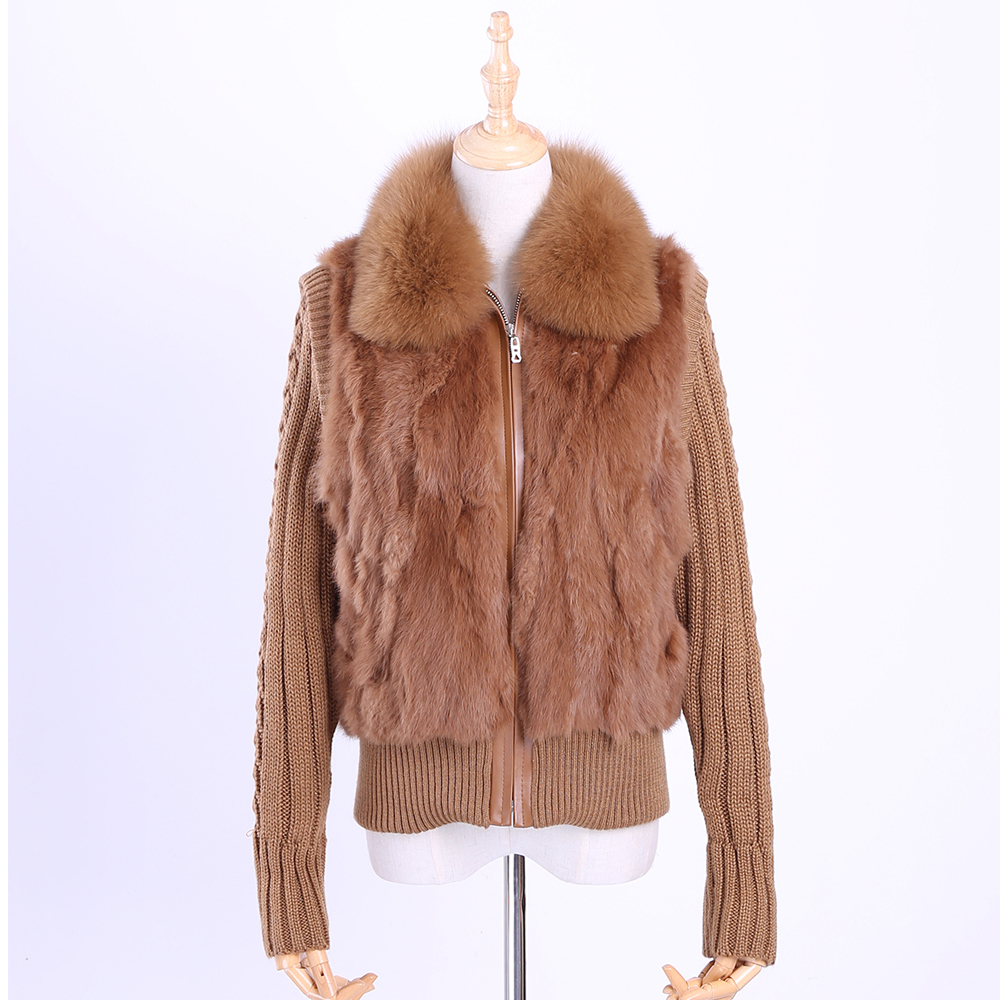 Women's Genuine Real Rabbit Fur Fox Fur Collar Knitting Sleeve Women's Winter Coat Fur Jacket Casual Short Outwear Slim 201031