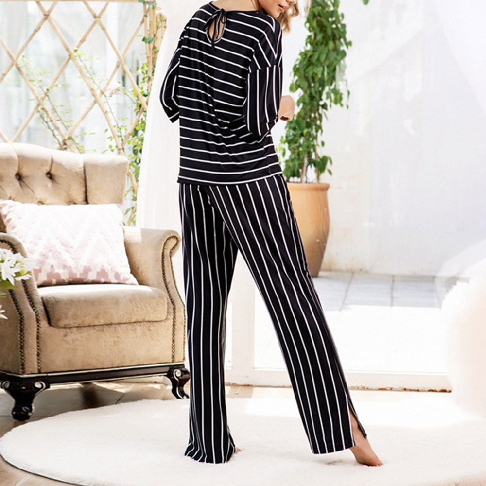Women Casual Two-Piece Sets 2020 Autumn Spring Ladies 3/4 Sleeves Tops Long Pants Elegant O-Neck Striped Leisure Suit Pus Size1