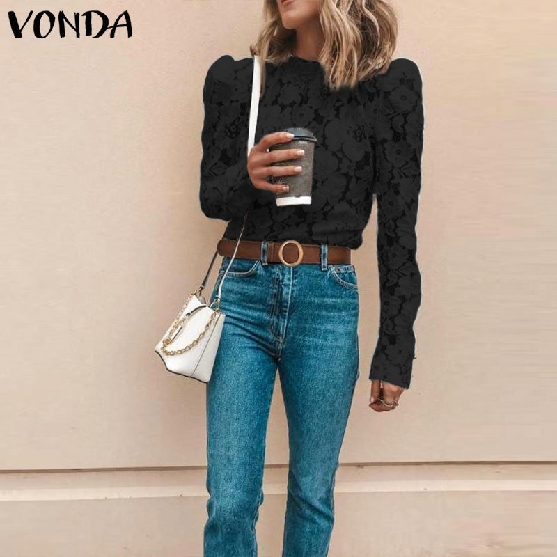 VONDA White Lace Blouse Women Shirt 2019 Spring Bohemian Sexy Long Sleeve O Neck Hollow Blouse OL Shirt Casual Tops Blusas S5XL T200321