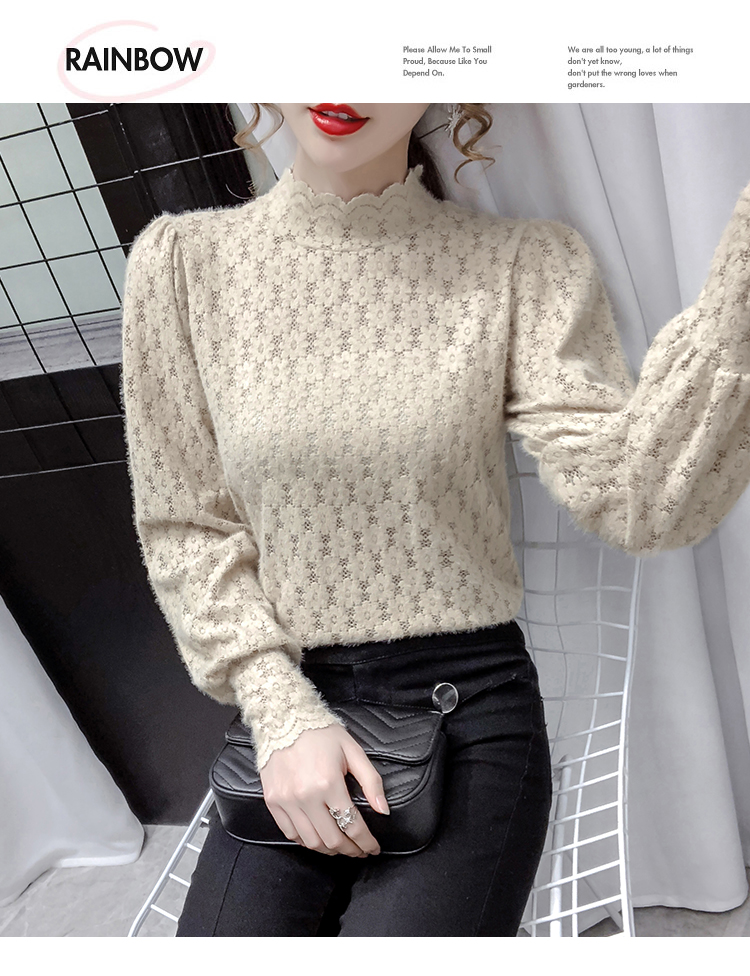 Autumn New design womens stand collar long sleeve hollow out thickening lace lantern sleeve shirt tops plus size SMLXL