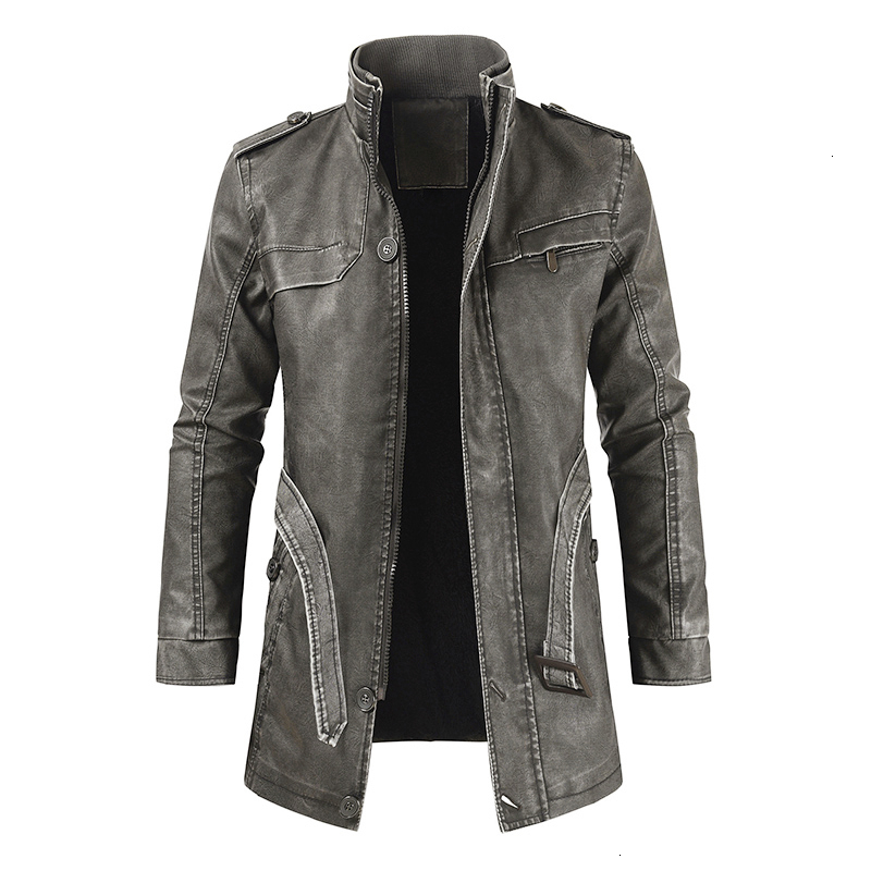 Oumor Men Winter Casual Long Thick Fleece Leather Jacket Parkas Men Outfit Warm Vintage Pockets Faux Leather Jacket Coat Men 201127