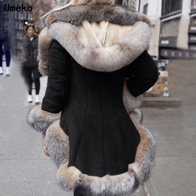 Umeko New Fox Fur Collar Sleeve Hooded Jacket Wild Long Winter Commute Skirt Type Women's Stylish and Elegant Coat Clothes New 201217