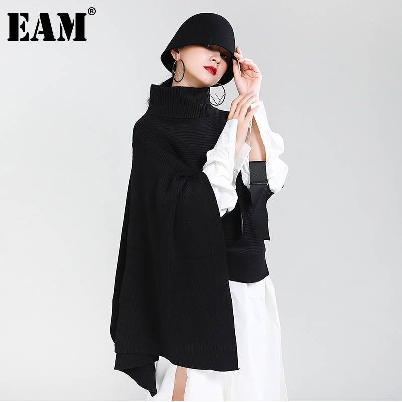 [EAM] Gray Irregular Big Size Knitting Sweater Poncho Loose Turtleneck Long Sleeve Women New Fashion Autumn Winter 2021 1Z868 210203