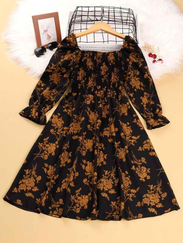 Girls Floral Print Flounce Sleeve Shirred Dress SHE