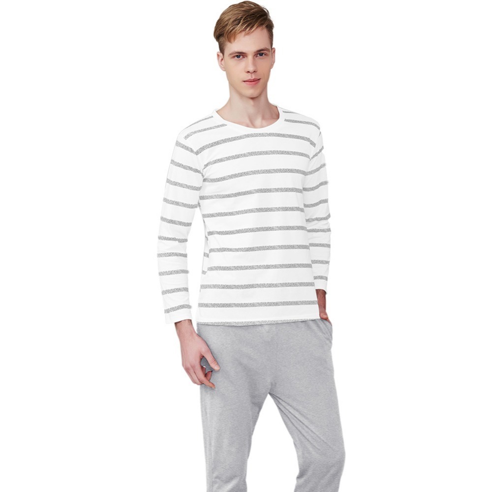 Pajama Set Cotton Gray Striped O-neck Sleepwear Couple Home Clothes Plus Size High Quality Male Underwear Set 201109