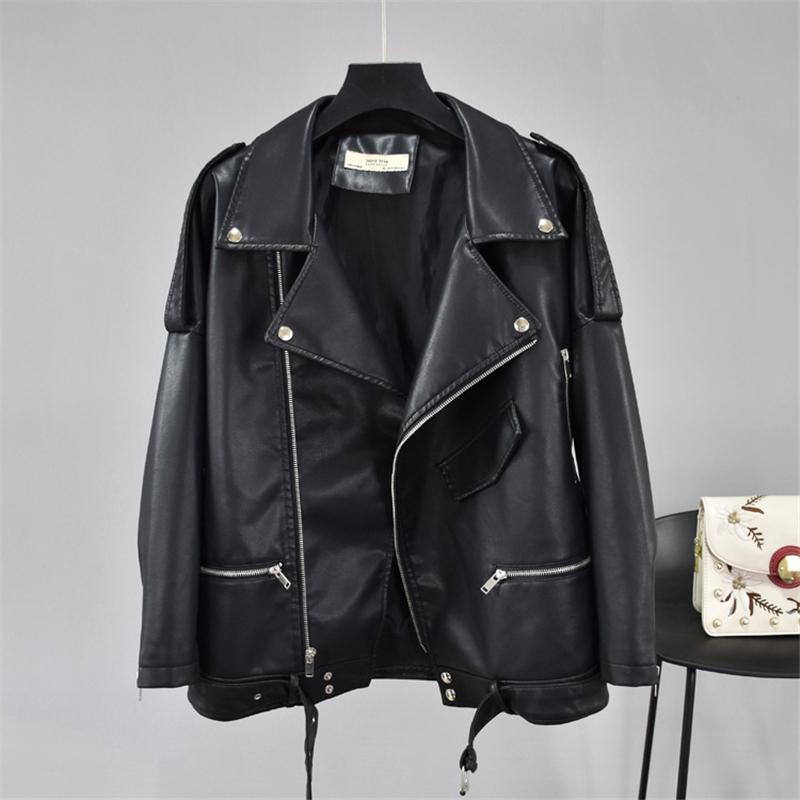 Autumn Women Faux Soft Leather Loose Jacket Coat Turndown Collar Zipper Pu Motorcycle Overcoat Female Rivet Punk Jacket, Black