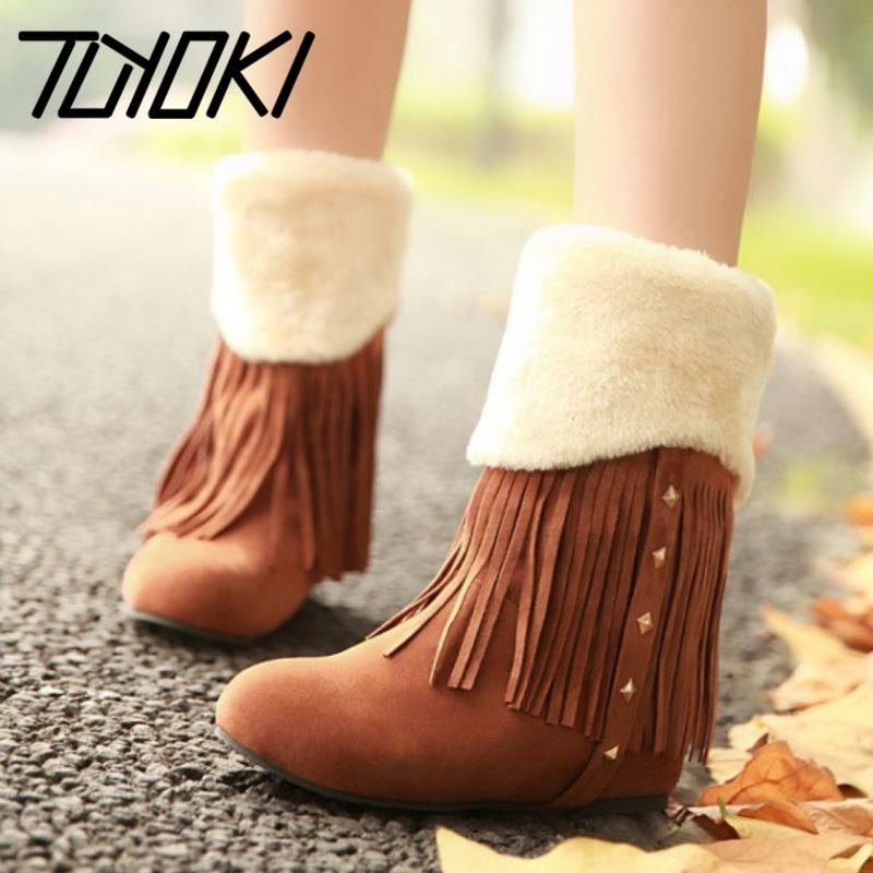Tuyoki Women Mid Calf Snow Boots Tassels Plush Fur Round Toe Flats Winter Warm Boots Women Fashion Footwear Size 34-42, Brown 
Tuyoki Women Mid Calf Snow Boots Tassels Plush Fur Round Toe Flats Winter Warm Boots Women Fashion Footwear Size 34-42, Brown