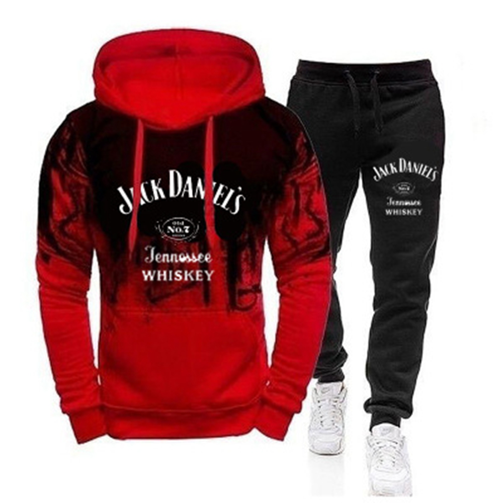 2021 autumn and winter long-sleeved trousers jacket trend hooded sports casual printed suit men