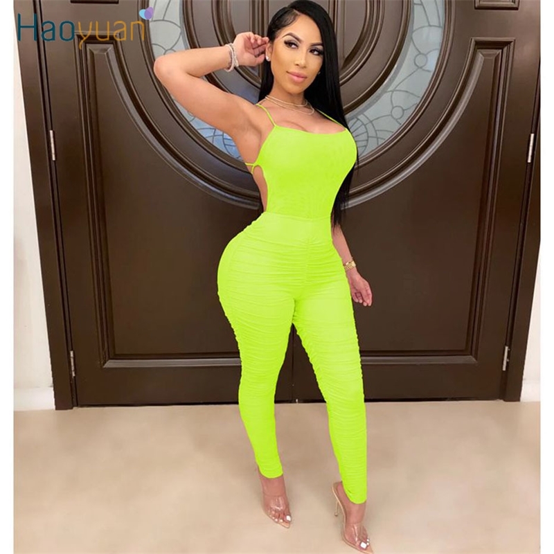 HAOYUAN Sexy Ruched Bodycon Rompers Women Jumpsuit New Summer Clother One Peice Club Outfits Backleee Lace Up Body Overalls T200509