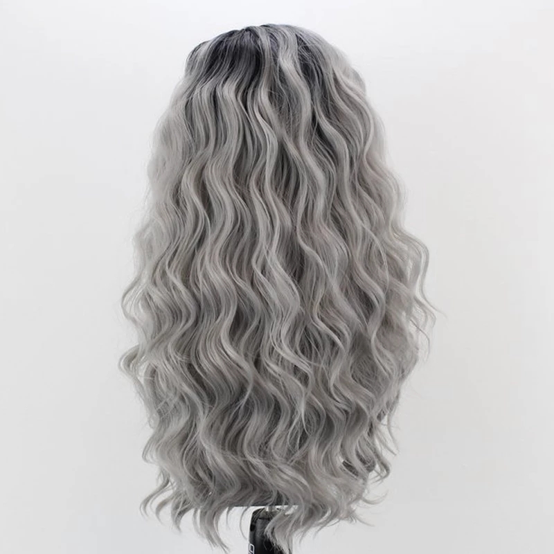 Ombre Gray Color Heat Resistant Fiber Hair Synthetic Lace Front Wig Long Wavy Two Tone Grey Cosplay Wigs for Women