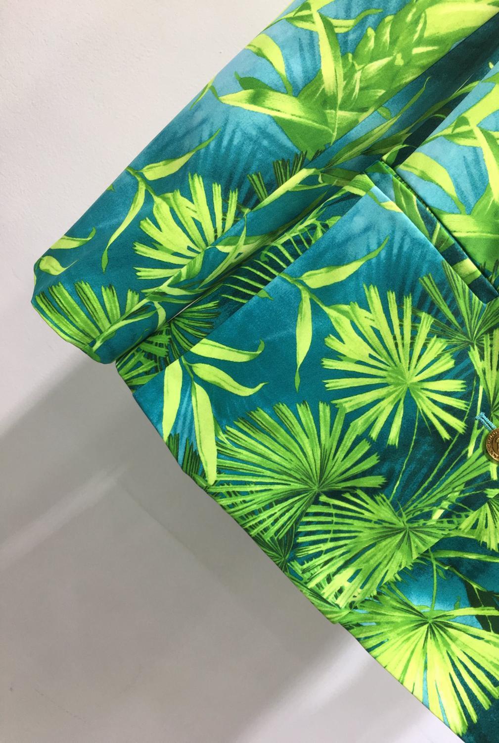 Summer Women's Two Piece Pants Blazer Coat Vintage Print Green Jungle Print Party Sets Vestidos 201007