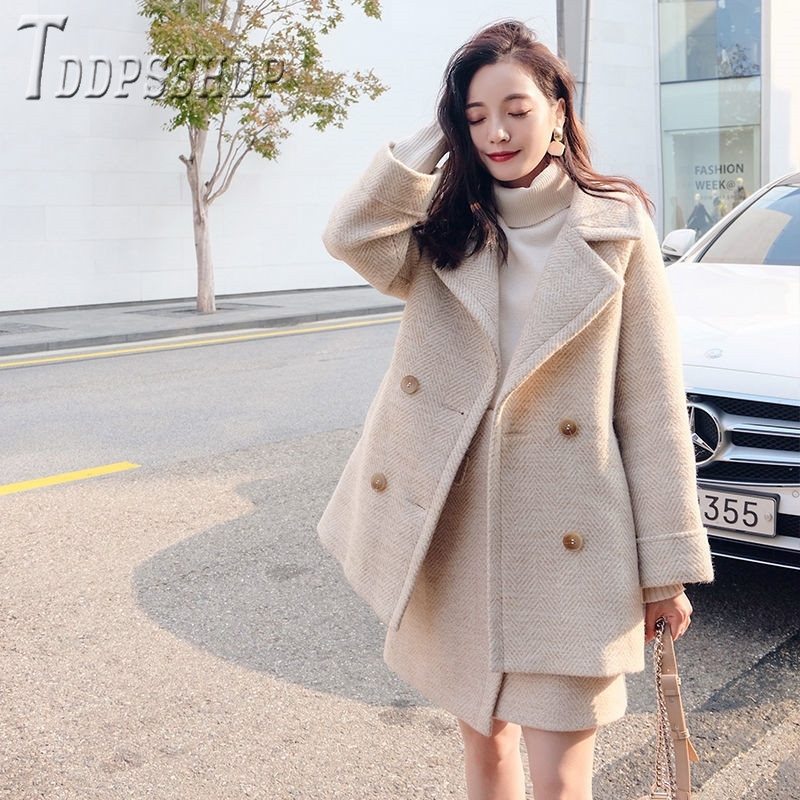 Autumn Winter Temperament Women Sets Woolen Coat And Skirts Female Sets 201102