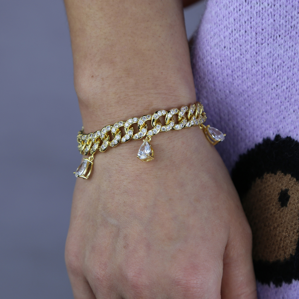 Hip Hop Bling Iced Out Women Rapper Bracelet Full Rhinestone Pave with Tear Drop Cz Miami Cuban Link Chain Bracelet Jewelry Wholesale