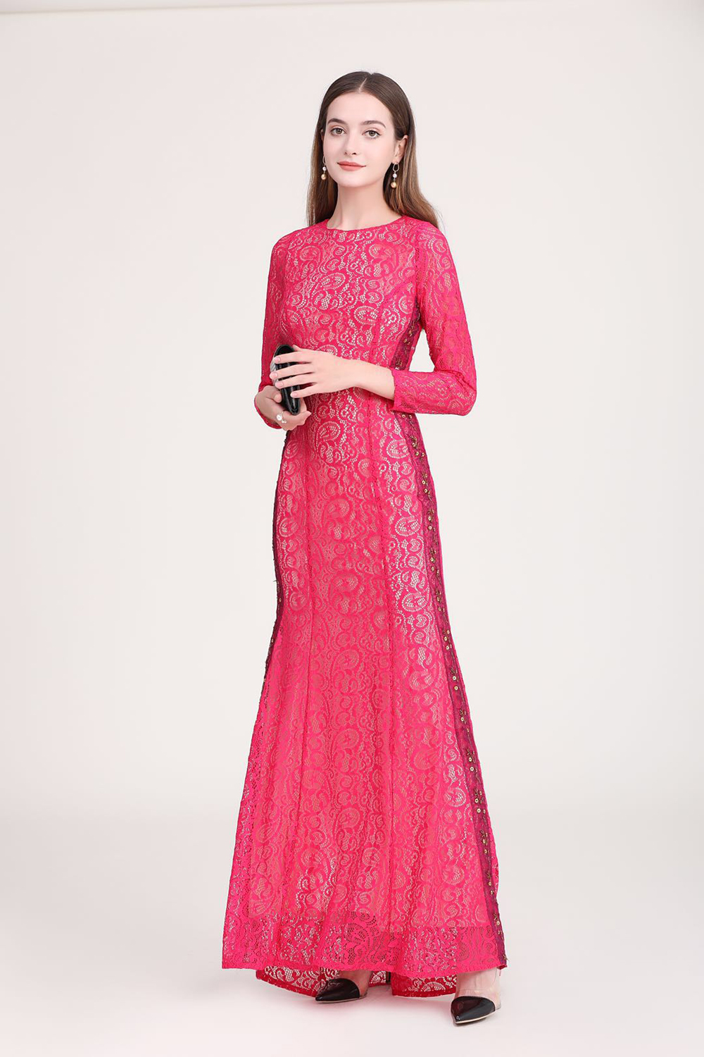 Women's Party Dress O Neck Embroidery Lace Long Sleeves Beaded Elegant Long Prom Runway Dresses